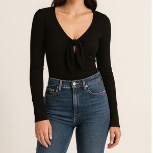 Abercrombie Soft & Cozy Black Long Sleeve Tie Front Bodysuit